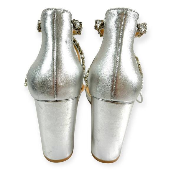 Jewel Badgley Mishka NEW Thamar Crystal Strappy Block Heel Silver Women's Sz 8.5 - Picture 10 of 14